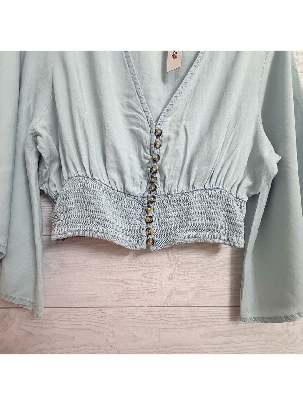 Miss Selfie Women’s Light Blue Long Sleeve Crop Top. Size L - Picture 4 of 6